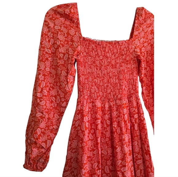 Anthropologie Dolan Smocked Red Motif Maxi Dress XS Pink Floral Long Sleeves - Picture 4 of 9